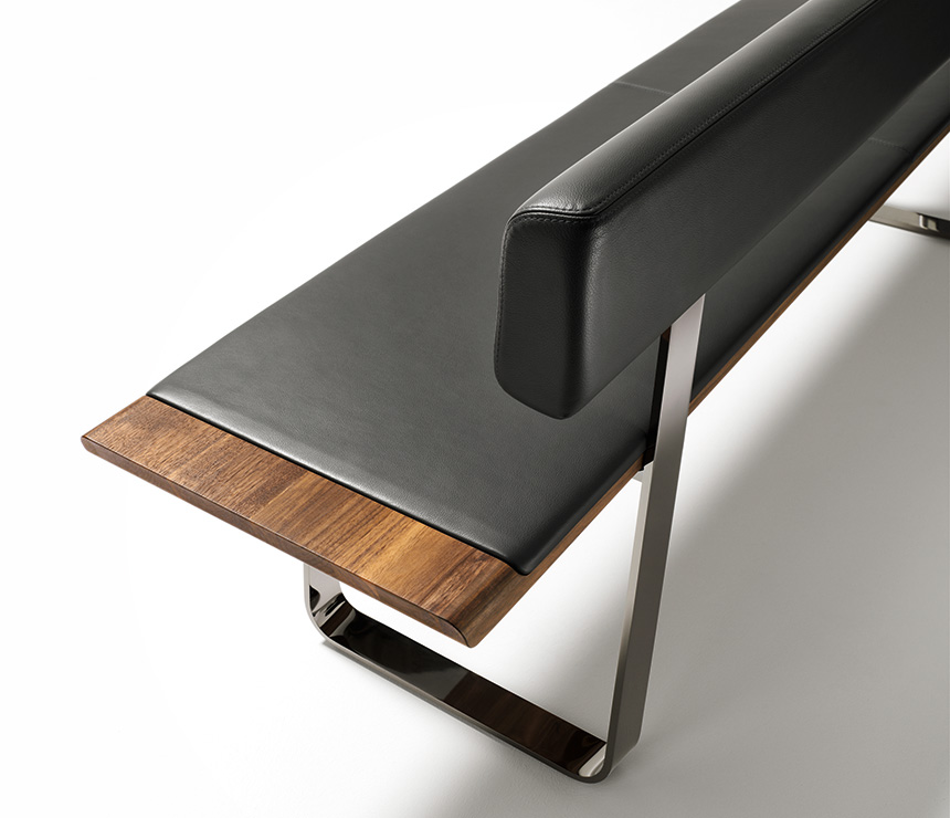 Wood, metal and leather dining bench